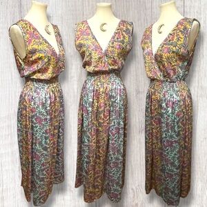 Cienna Silk Blend Floral Metallic Details Caitlyn V-Neckline Maxi Dress SM EUC